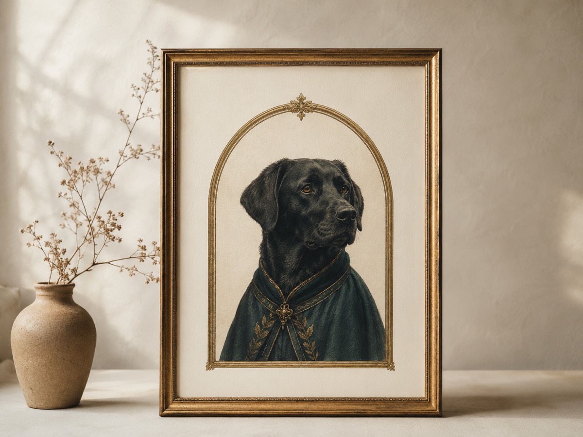Companion Portrait Print: a framed illustrated pet portrait within a gold arch