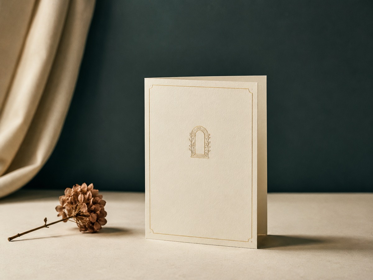 Memory Keepsake Card: a folded ivory keepsake card with a fine gold border and small arch motif