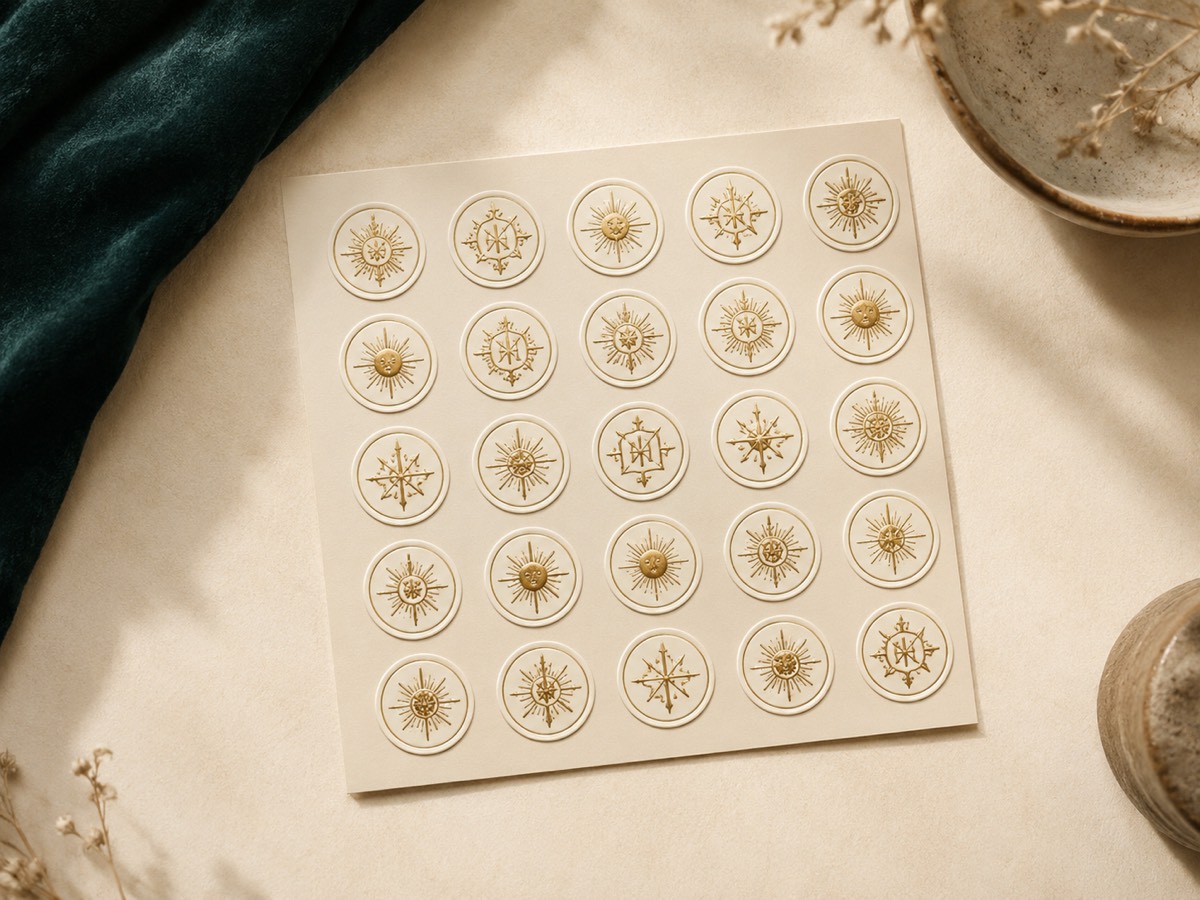 Odyssey Sticker Seals: a sheet of small round ivory-and-gold seals with sun and monogram marks