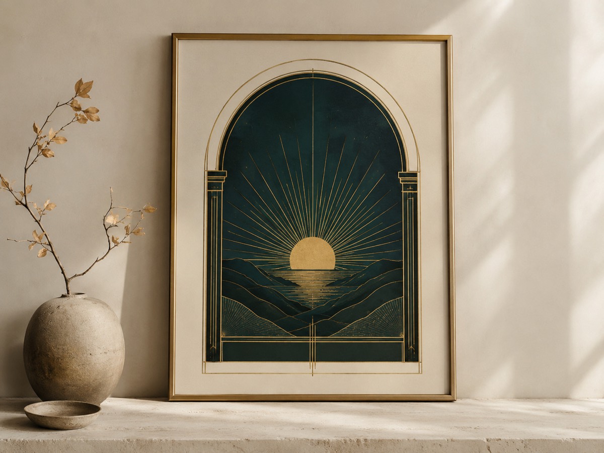 Portal Art Print: a framed arch-and-sunrise illustration in gold linework on midnight teal