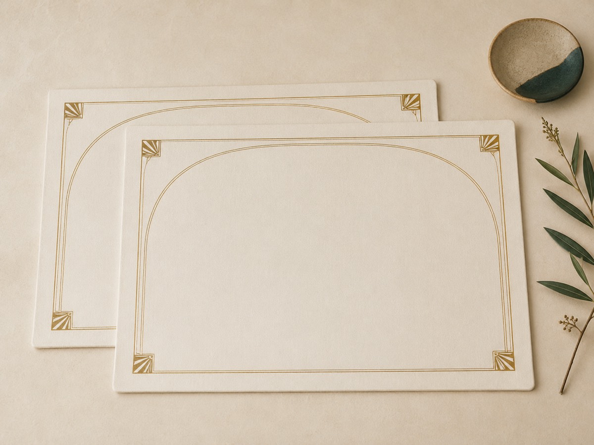 Portal Placemat Pair: two ivory placemats with a gold arch and Art Deco corner marks