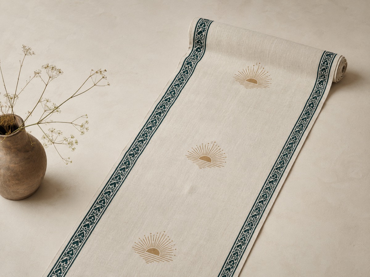 Sunrise Table Runner: a long ivory linen runner with midnight-teal border and antique-gold sunrise motifs